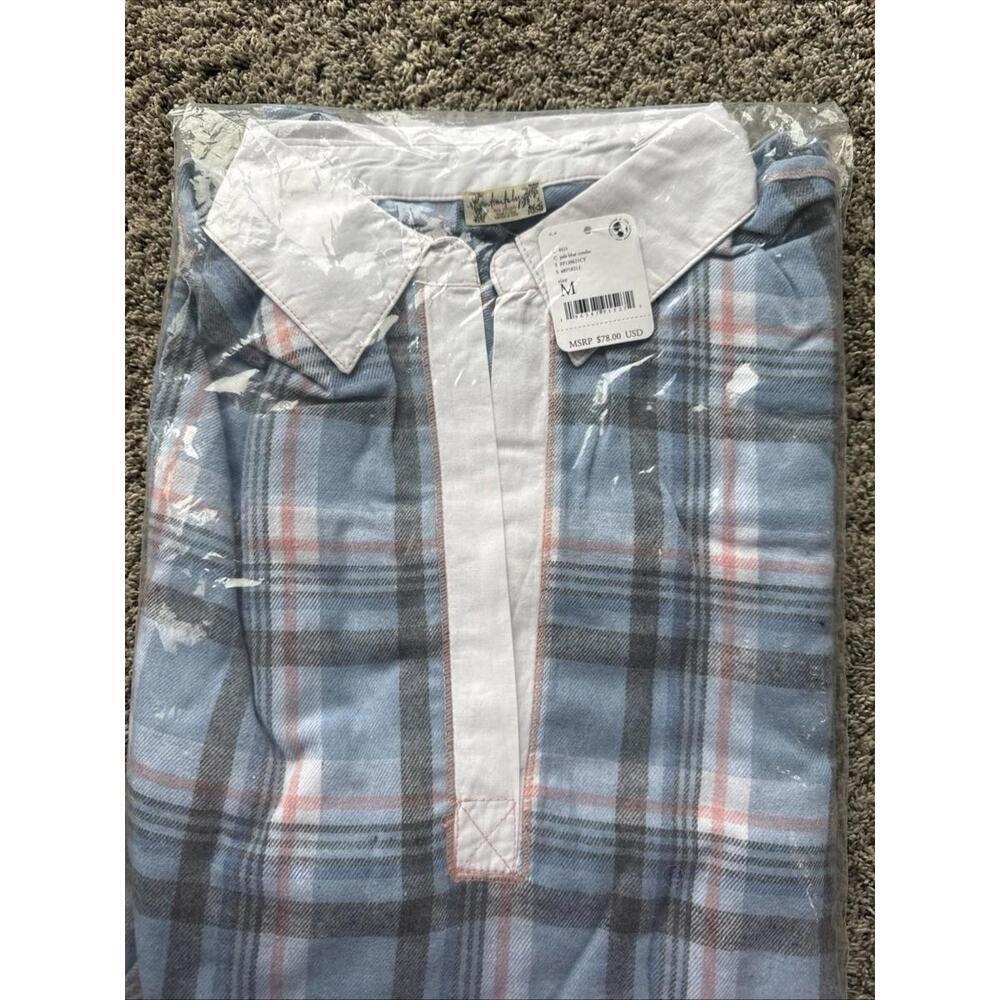 Free people Sunday Morning Sleep Shirt Pale Blue Plaid Size M womens comfy - Picture 3 of 3